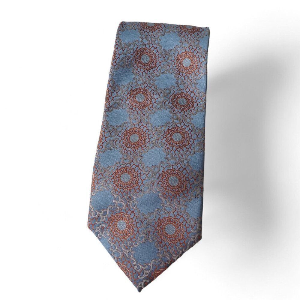 Fustion Geometric Mandala Flower Print Light Blue / Orange Neck‎ Tie